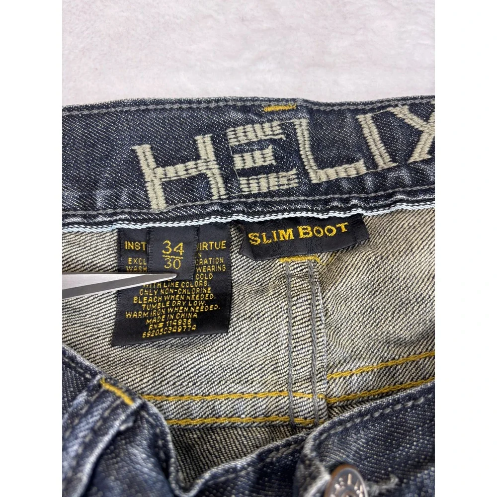 Helix Slim Mens 34x30 Bootcut Jeans Dark Wash Distress Embroidered  Cross Pocket
